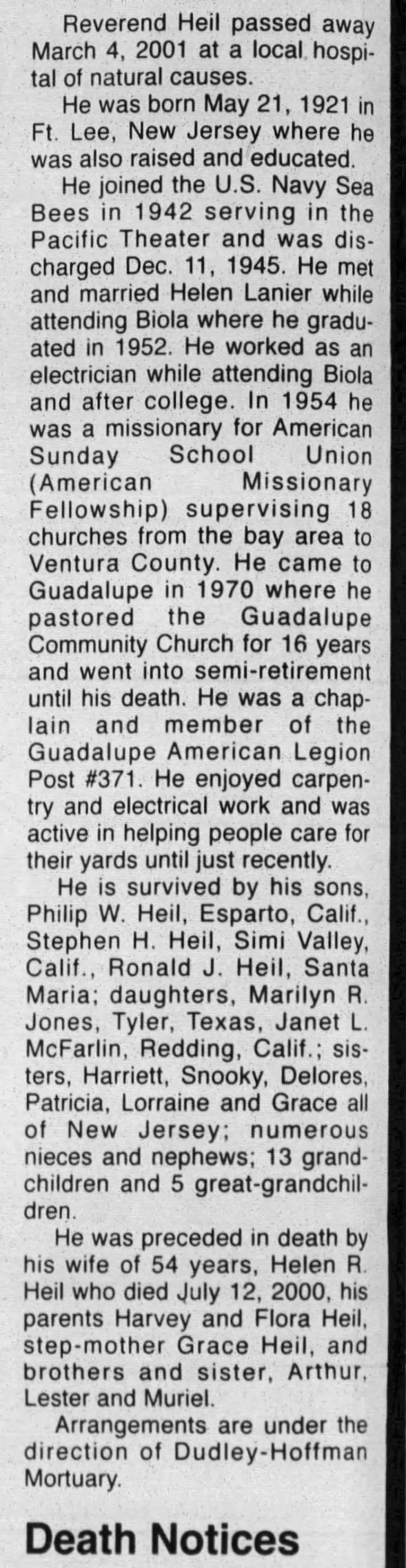 Obituary for Reverend Heil, 1921-2001